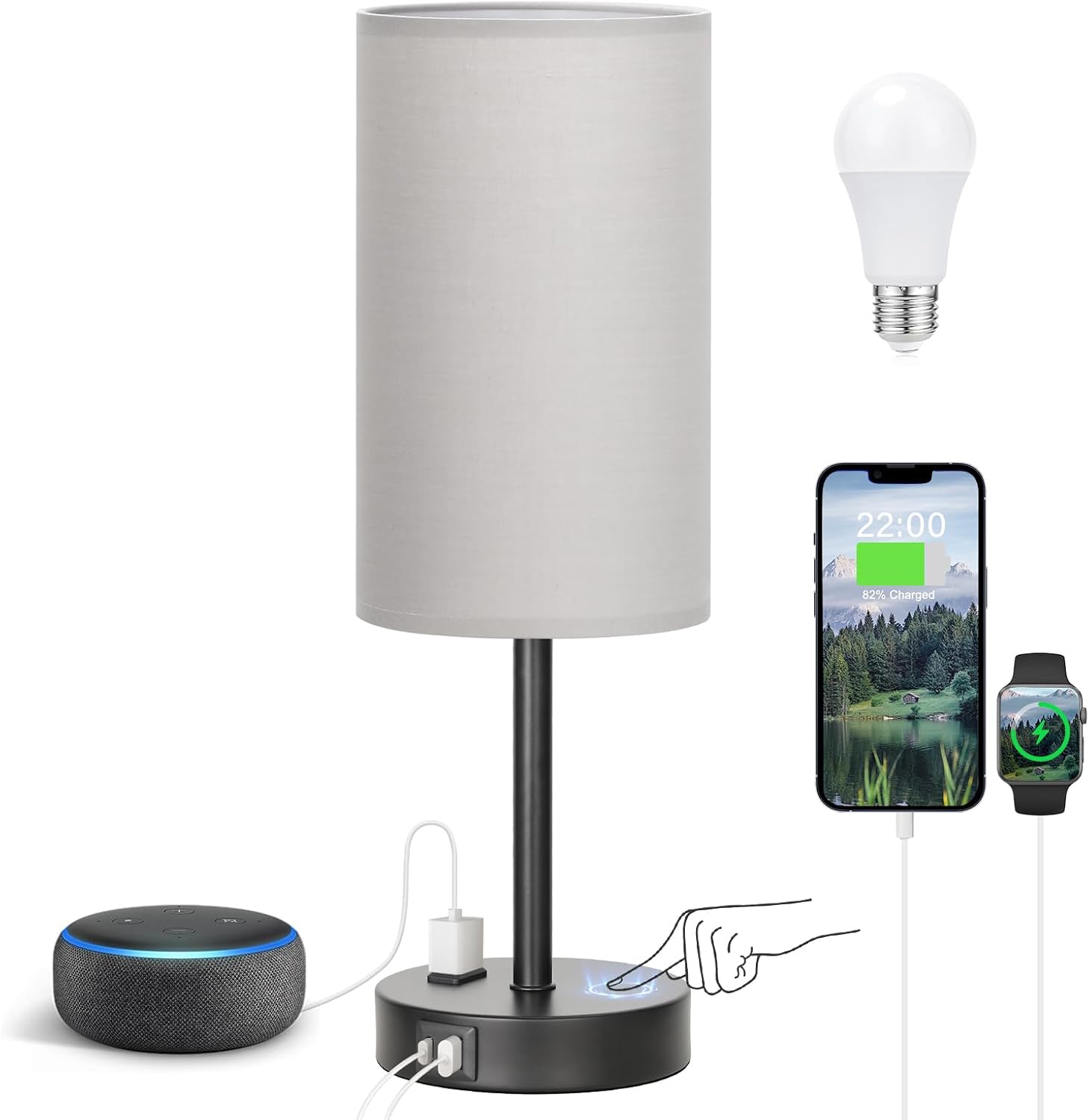 3 Way Dimmable Touch Bedside Lamp with USB C Port and AC Outlet biymjk