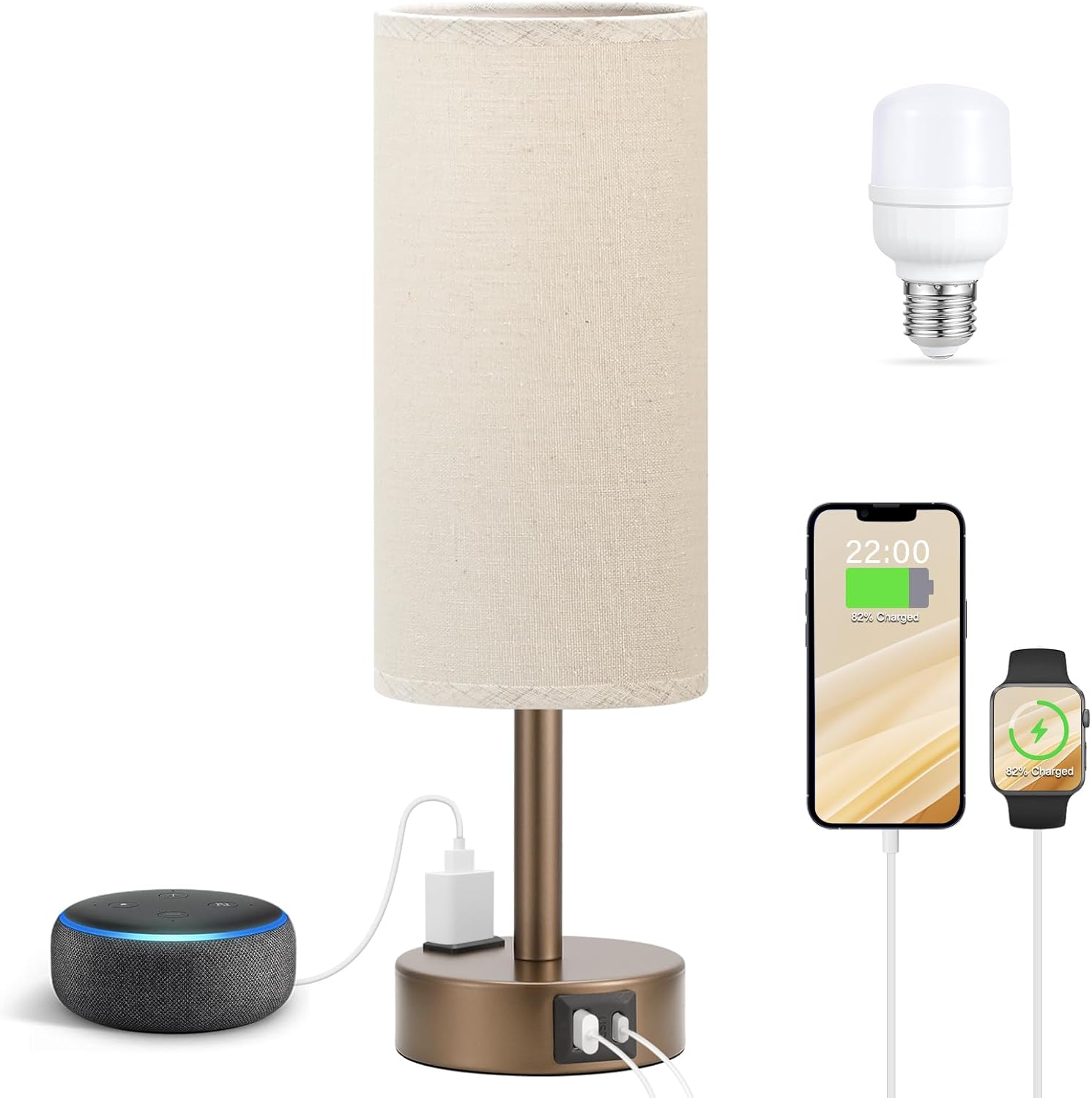 3 Way Dimmable Touch Bedside Lamp with USB C Port and AC Outlet biymjk