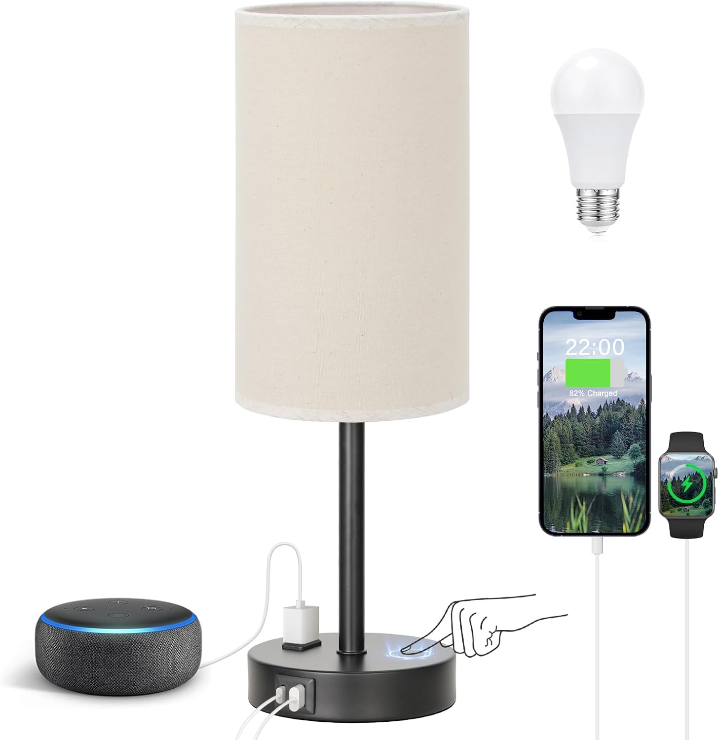 3 Way Dimmable Touch Bedside Lamp with USB C Port and AC Outlet biymjk