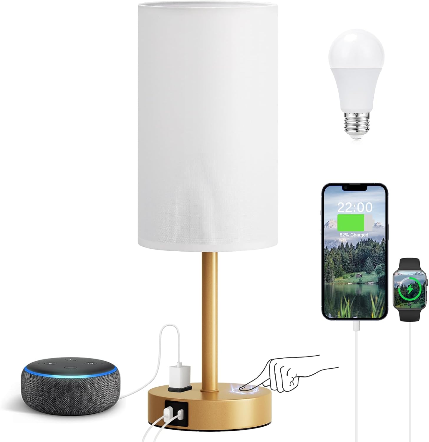 3 Way Dimmable Touch Bedside Lamp with USB C Port and AC Outlet biymjk