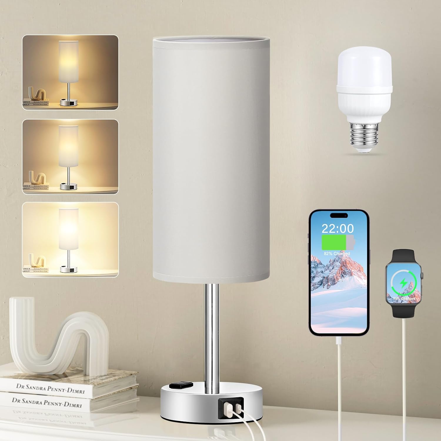 3 Way Dimmable Touch Bedside Lamp with USB C Port and AC Outlet biymjk