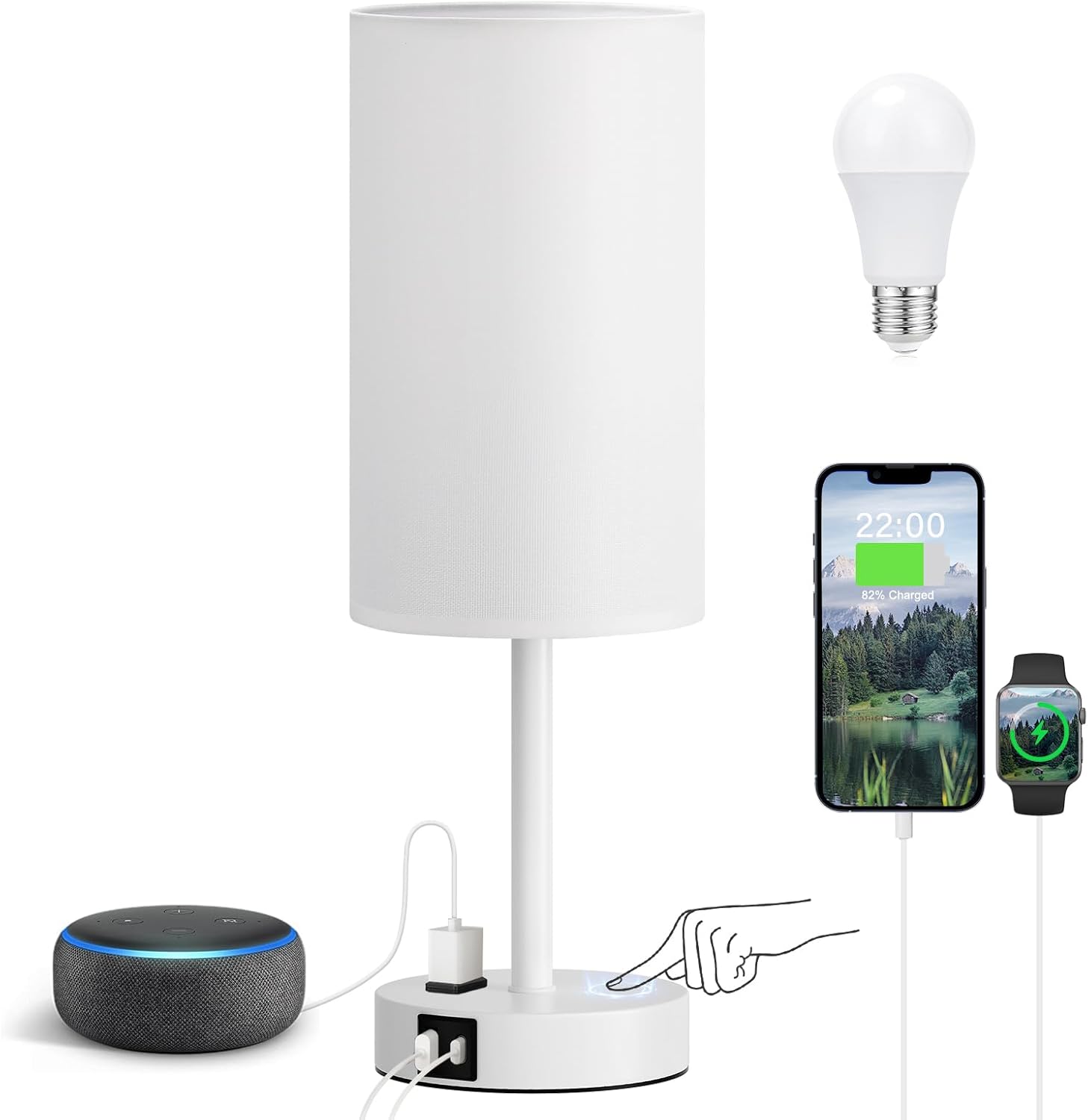 3 Way Dimmable Touch Bedside Lamp with USB C Port and AC Outlet biymjk