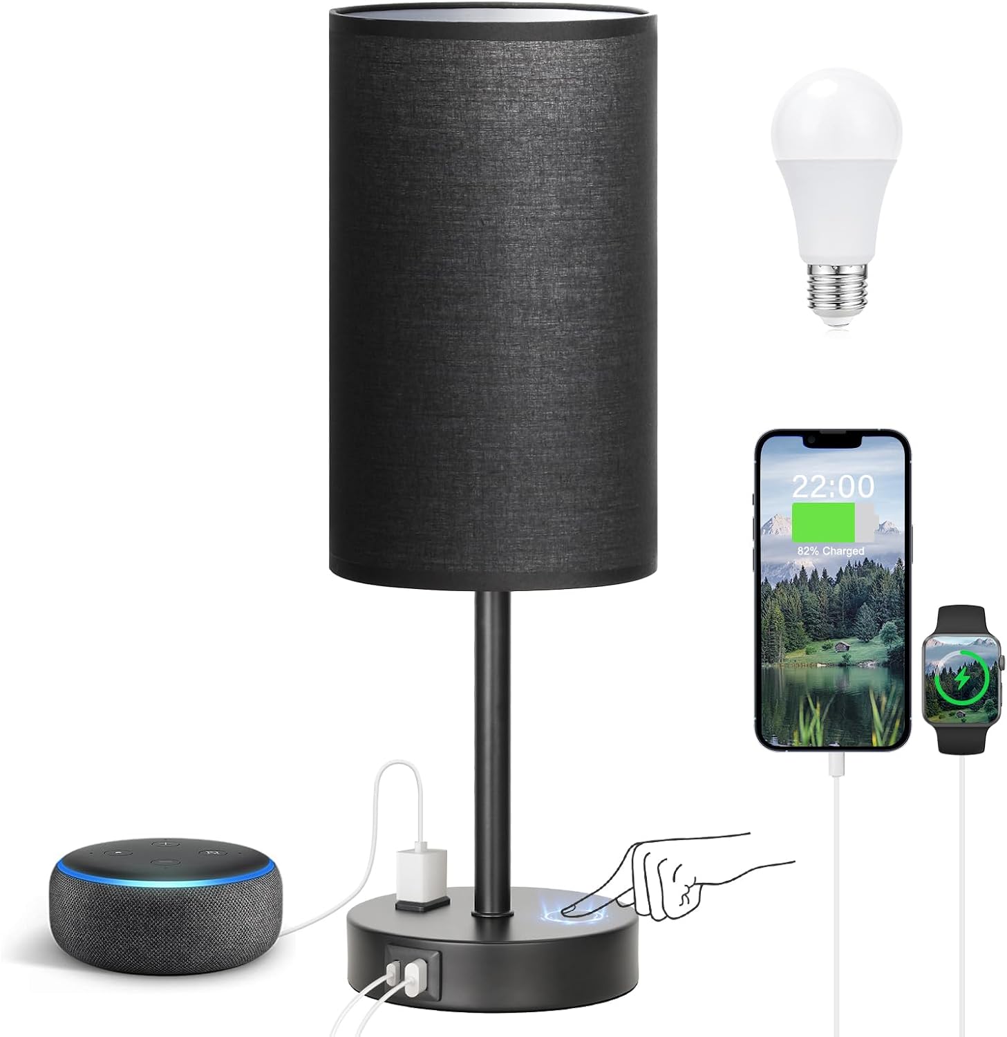 3 Way Dimmable Touch Bedside Lamp with USB C Port and AC Outlet biymjk