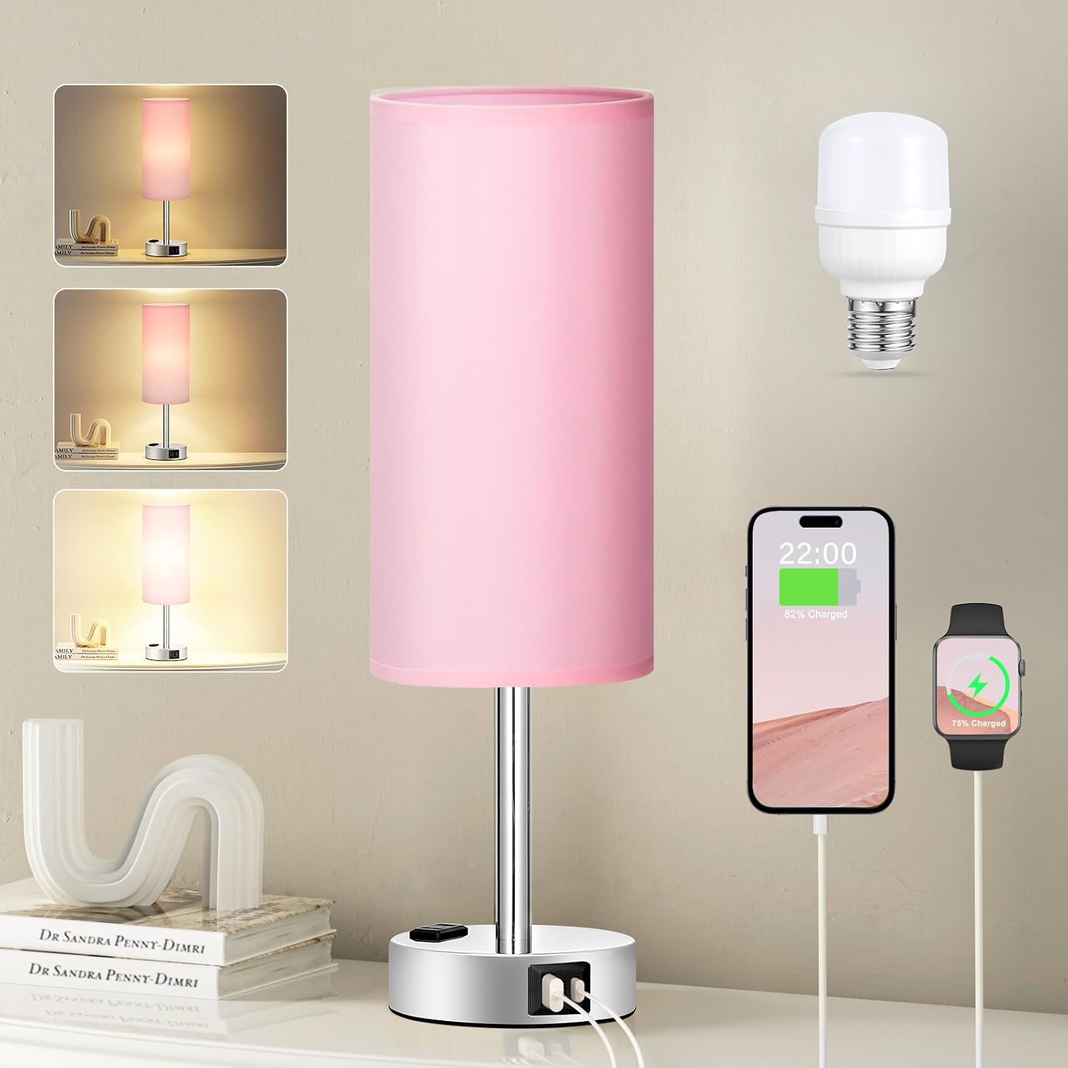 3 Way Dimmable Touch Bedside Lamp with USB C Port and AC Outlet biymjk