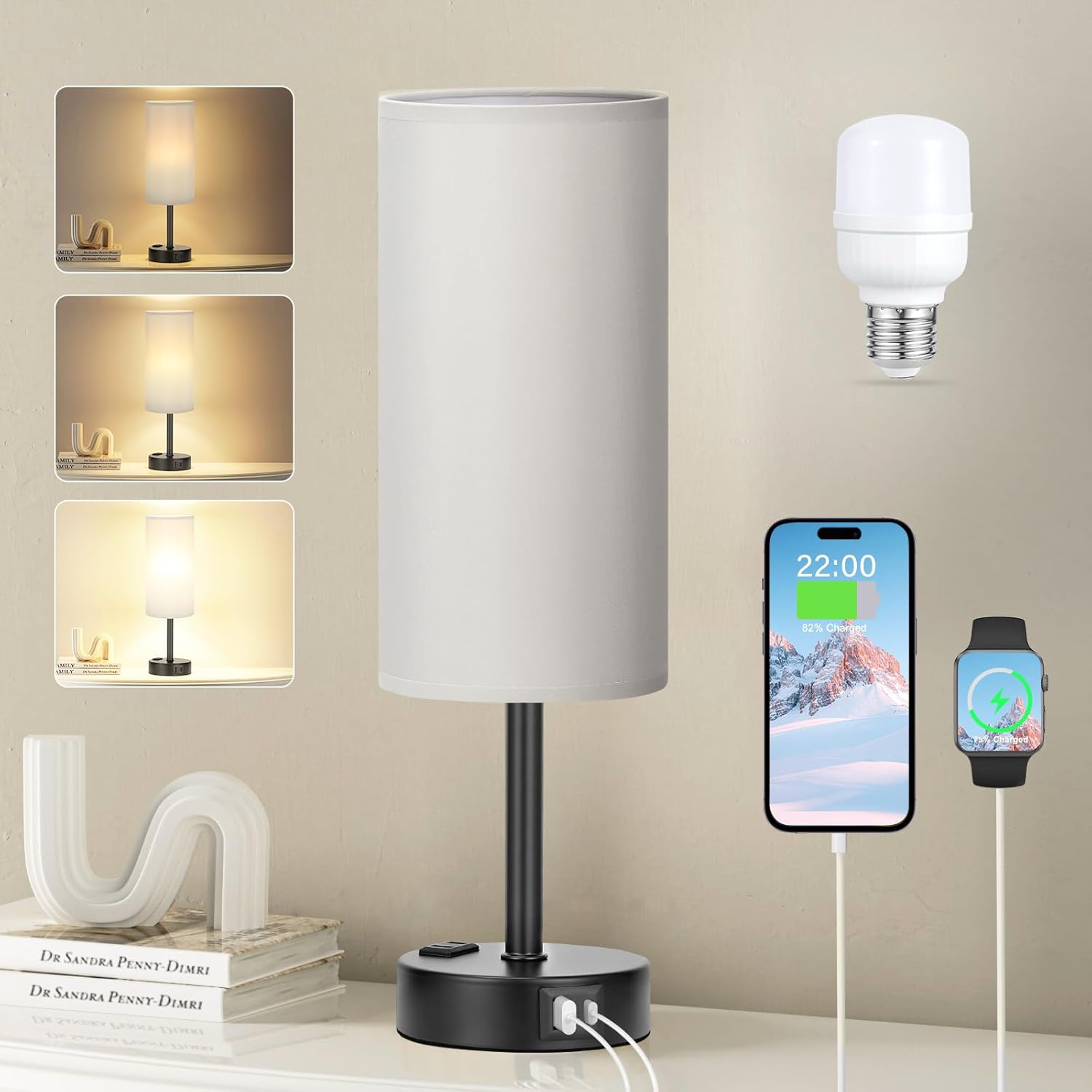 3 Way Dimmable Touch Bedside Lamp with USB C Port and AC Outlet biymjk