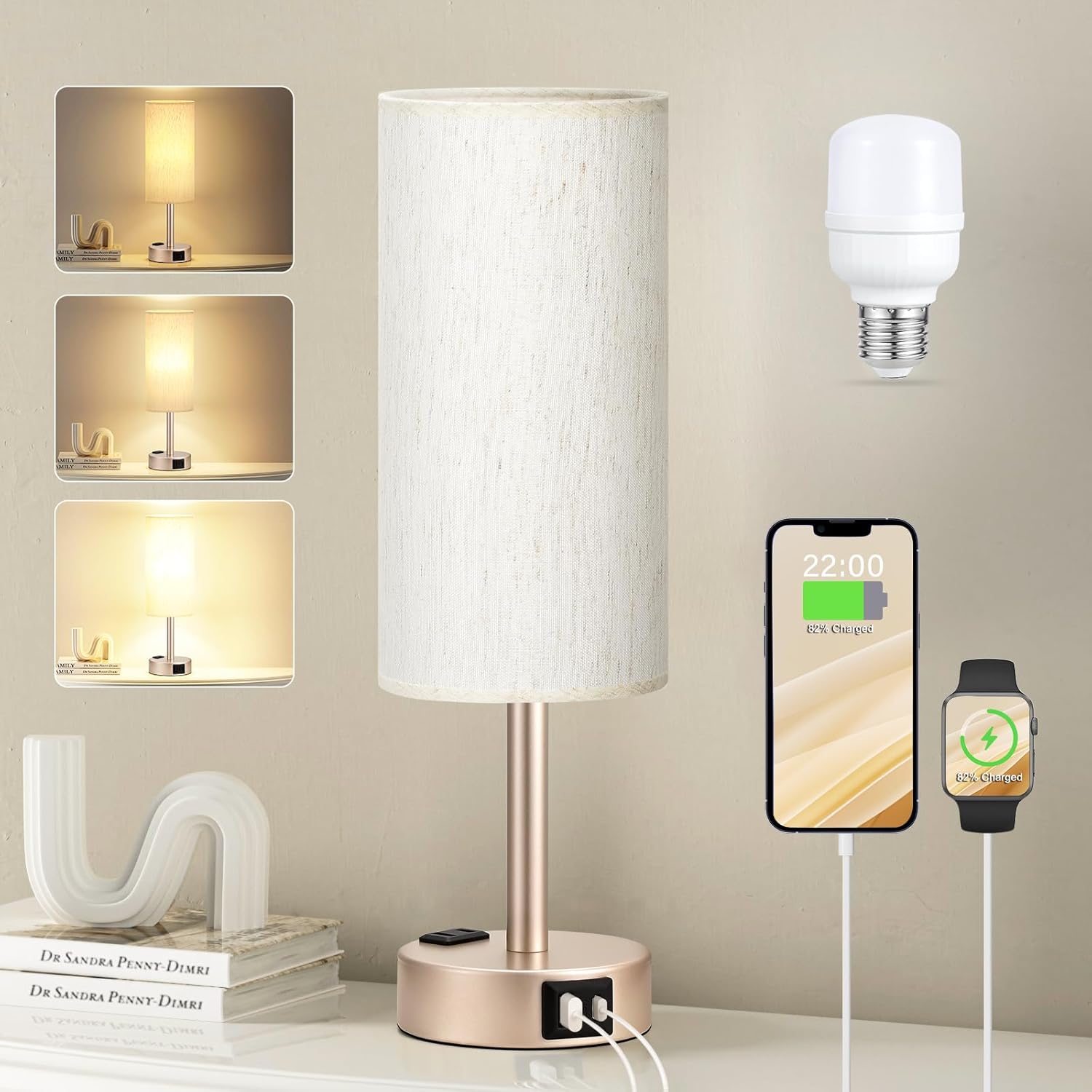 3 Way Dimmable Touch Bedside Lamp with USB C Port and AC Outlet biymjk