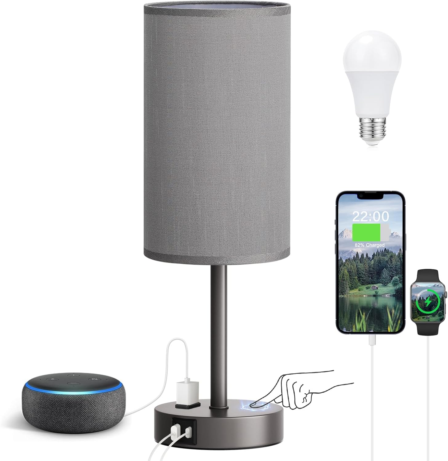 3 Way Dimmable Touch Bedside Lamp with USB C Port and AC Outlet biymjk
