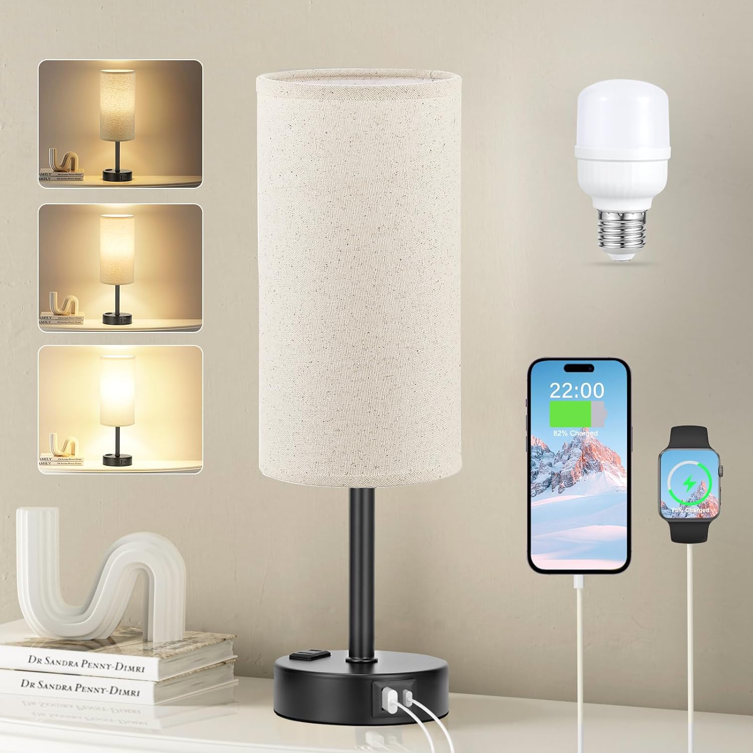 3 Way Dimmable Touch Bedside Lamp with USB C Port and AC Outlet biymjk
