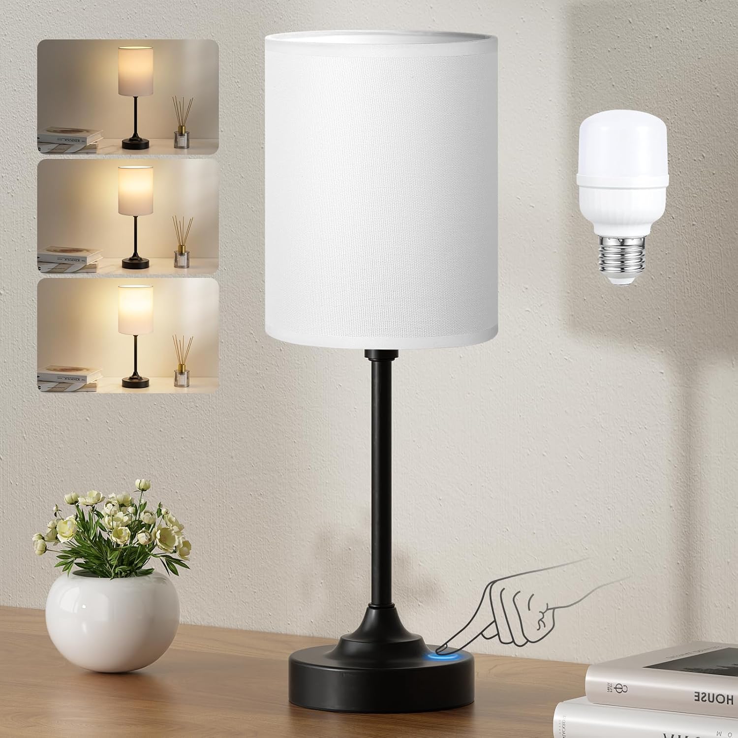 3 Way Dimmable Touch Bedside Lamp with USB C Port and AC Outlet biymjk