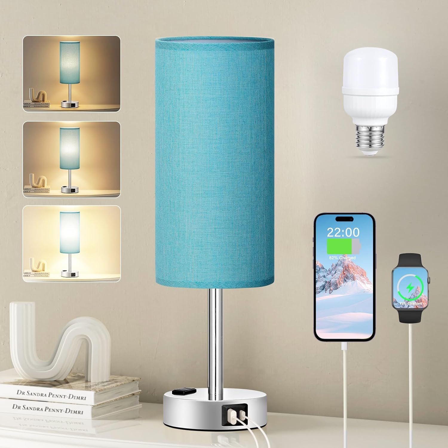 3 Way Dimmable Touch Bedside Lamp with USB C Port and AC Outlet biymjk