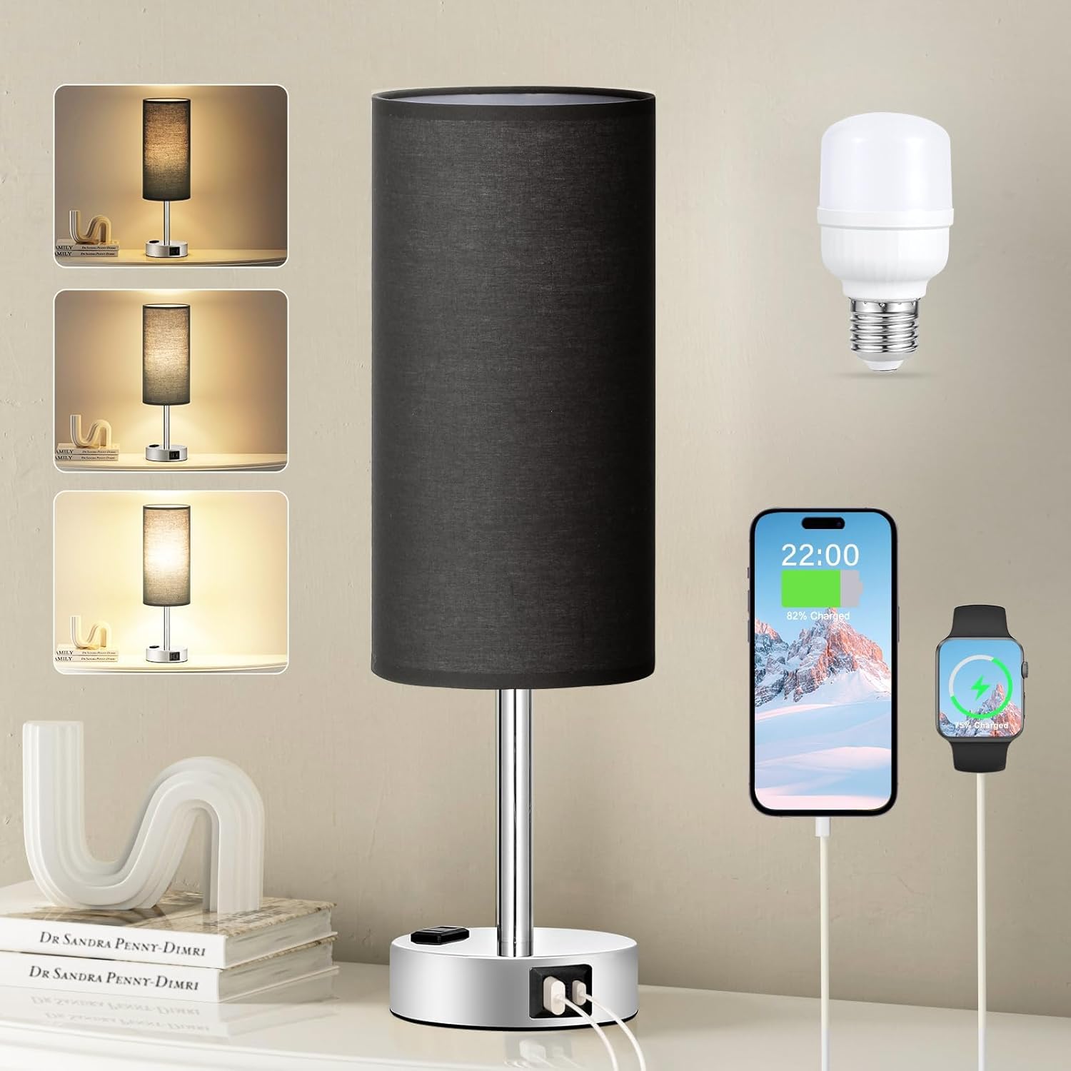 3 Way Dimmable Touch Bedside Lamp with USB C Port and AC Outlet biymjk