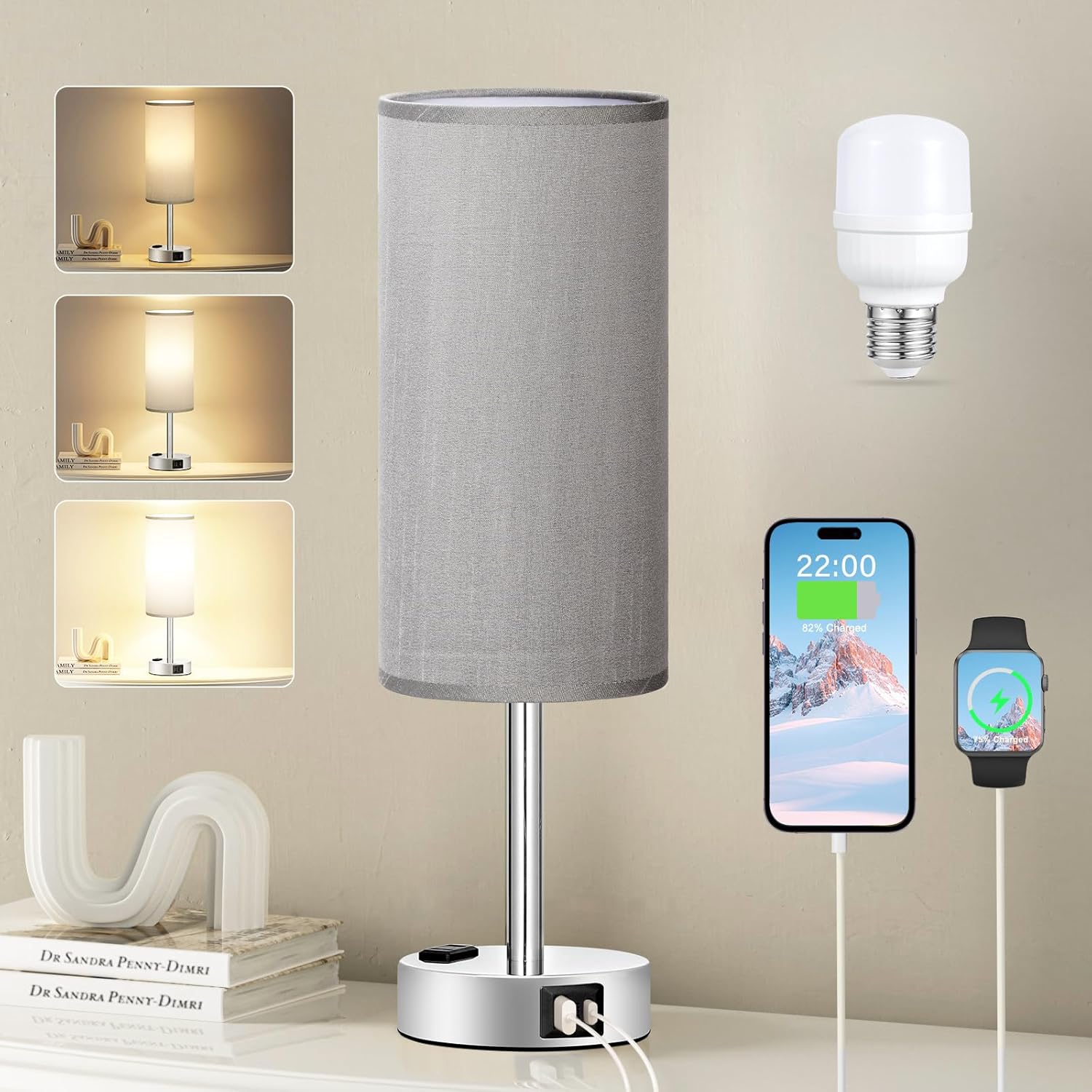 3 Way Dimmable Touch Bedside Lamp with USB C Port and AC Outlet biymjk