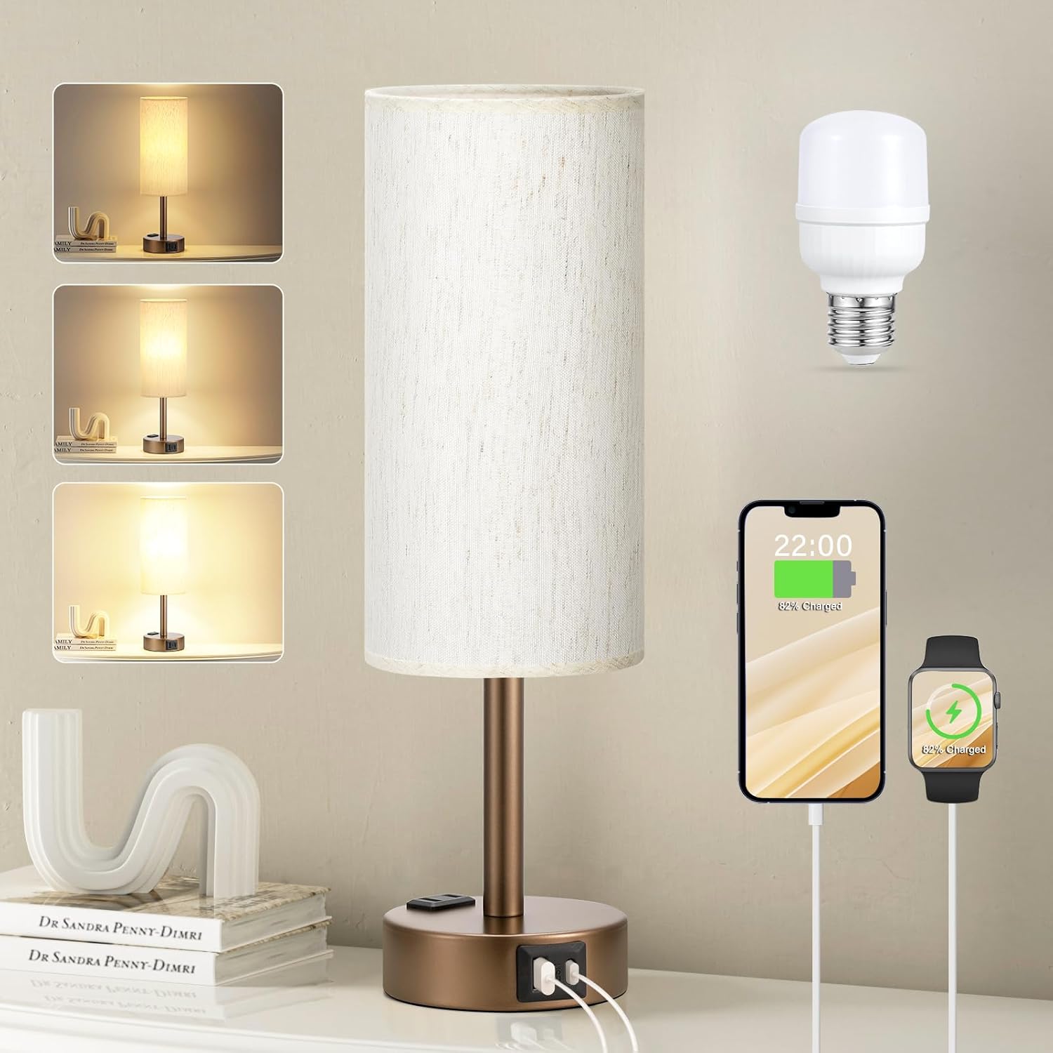 3 Way Dimmable Touch Bedside Lamp with USB C Port and AC Outlet biymjk