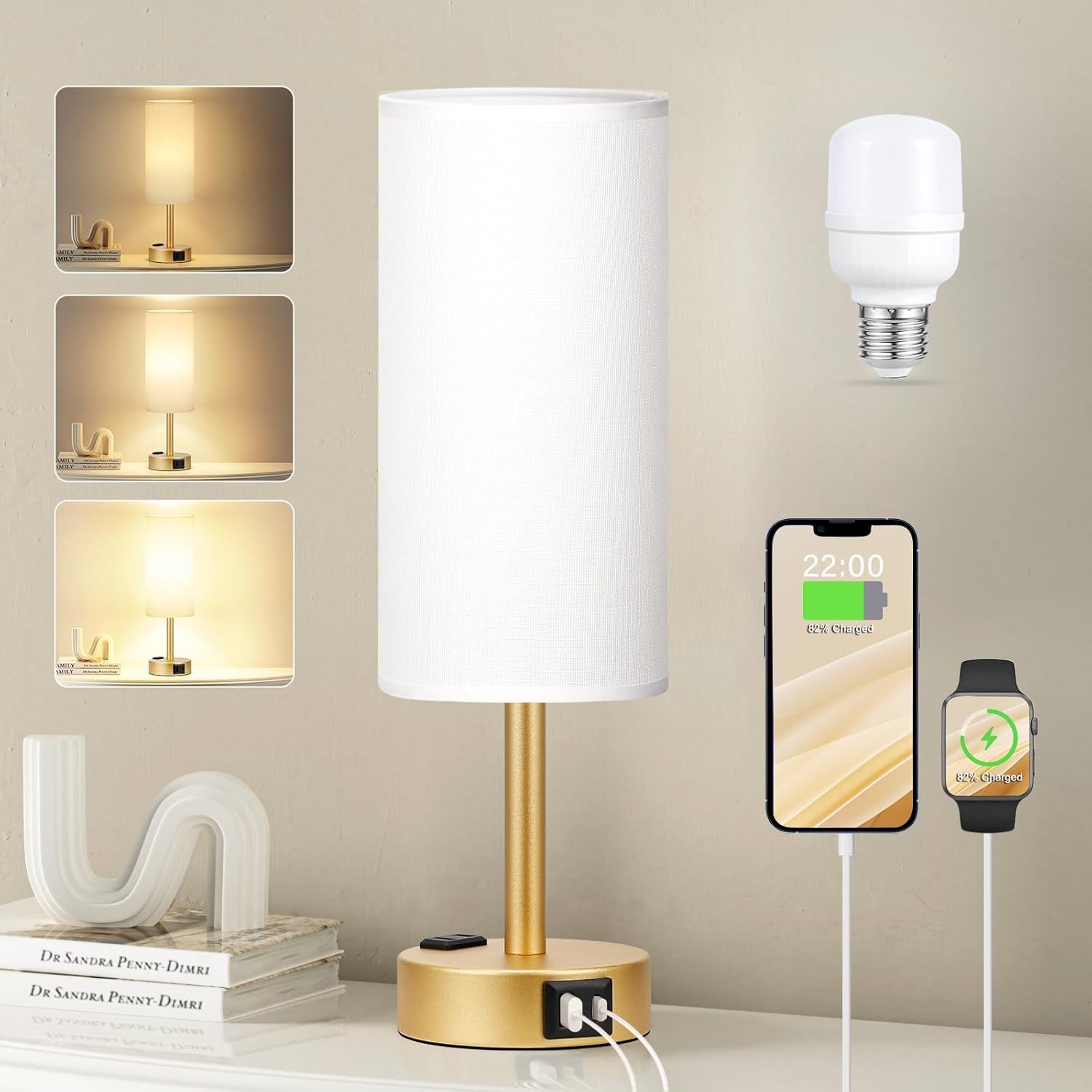 3 Way Dimmable Touch Bedside Lamp with USB C Port and AC Outlet biymjk