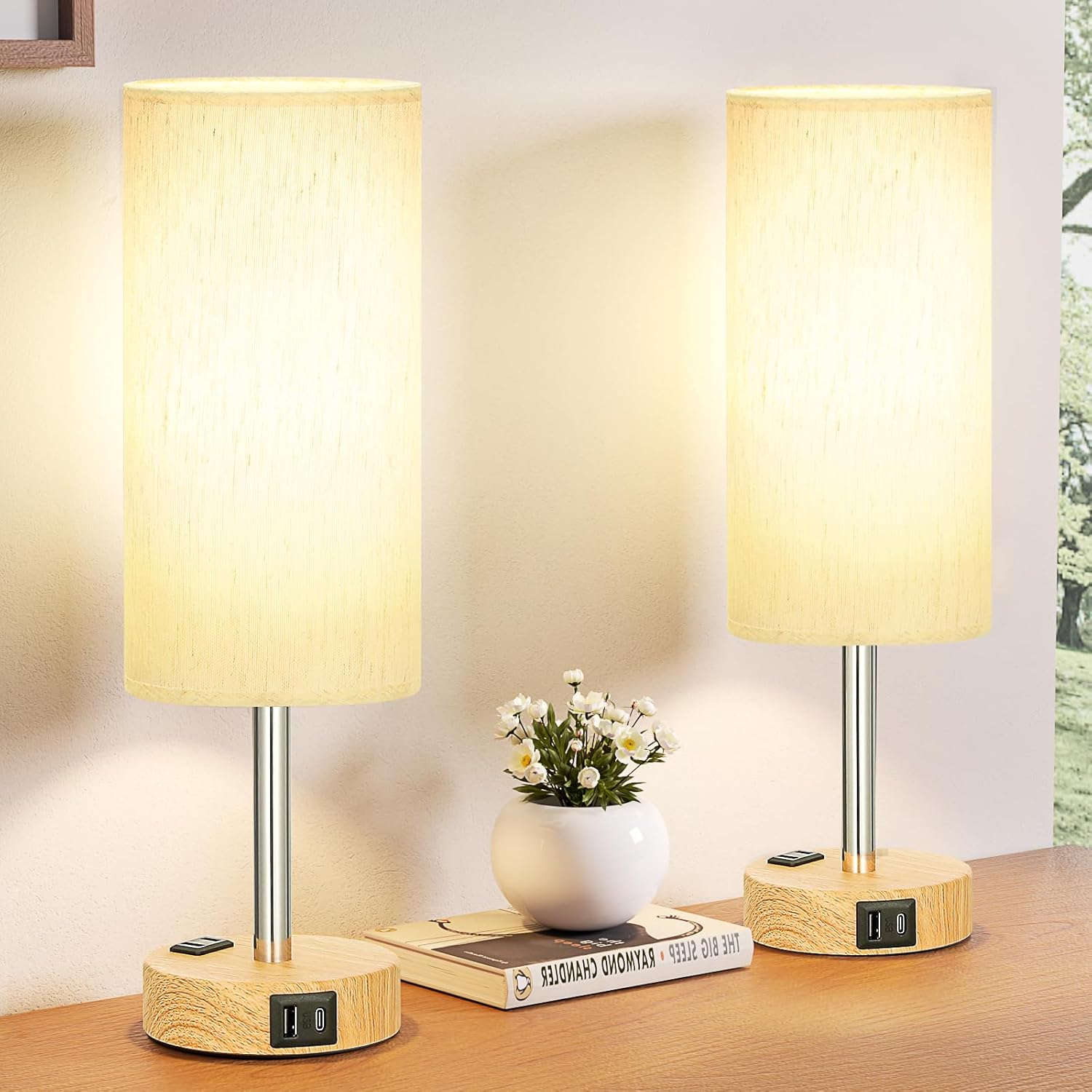 3 Way Dimmable Touch Bedside Lamp with USB C Port and AC Outlet biymjk