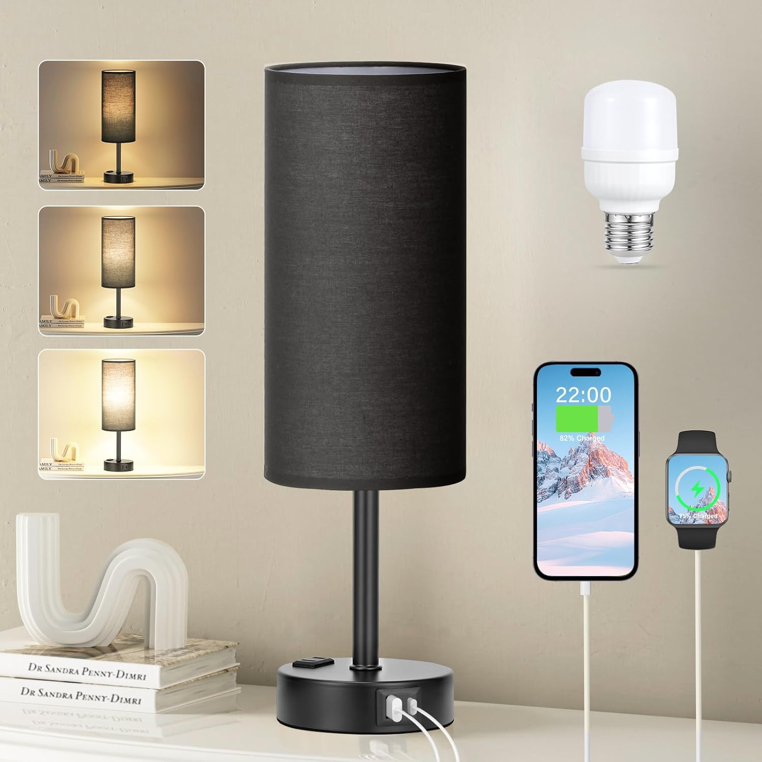3 Way Dimmable Touch Bedside Lamp with USB C Port and AC Outlet biymjk