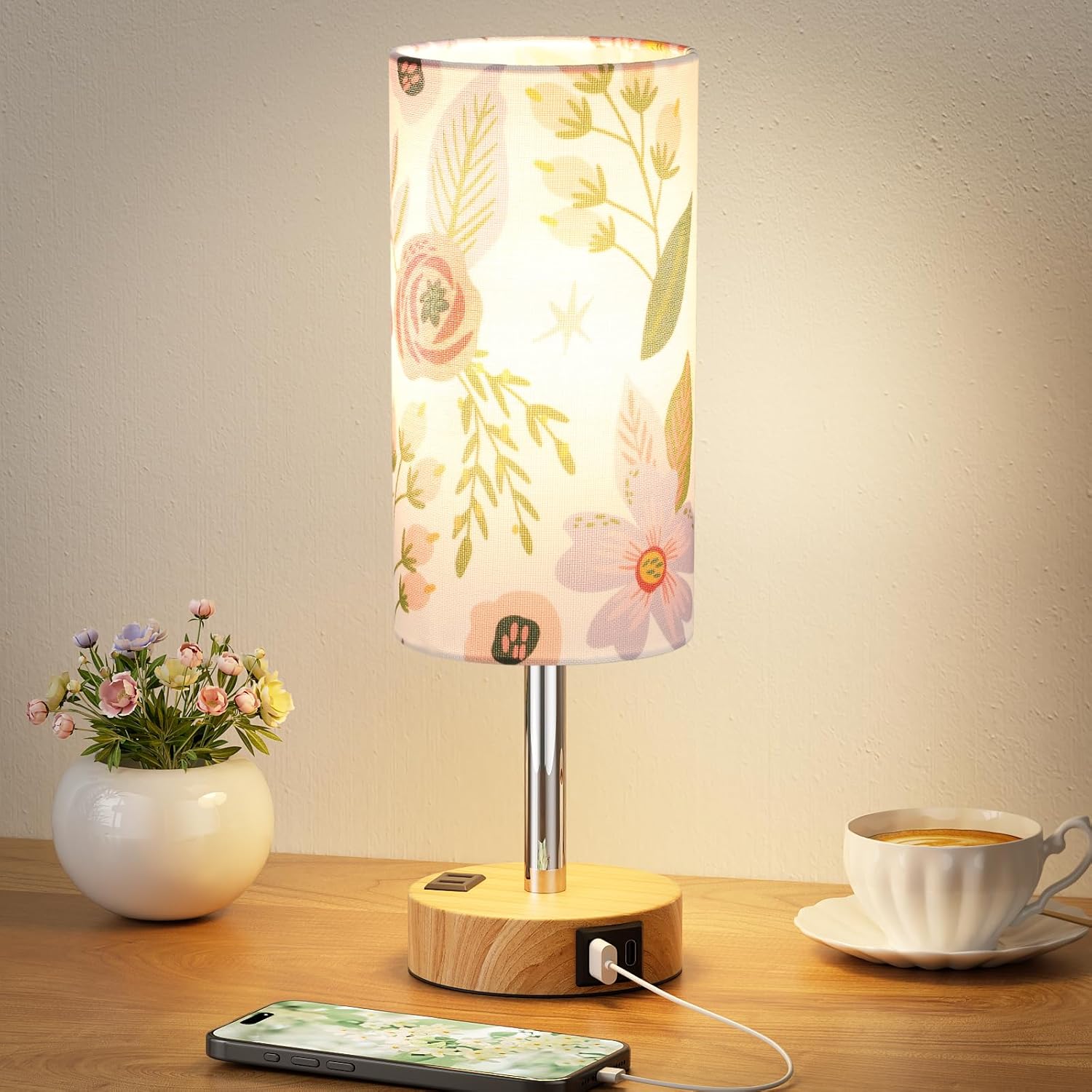 3 Way Dimmable Touch Bedside Lamp with USB C Port and AC Outlet biymjk