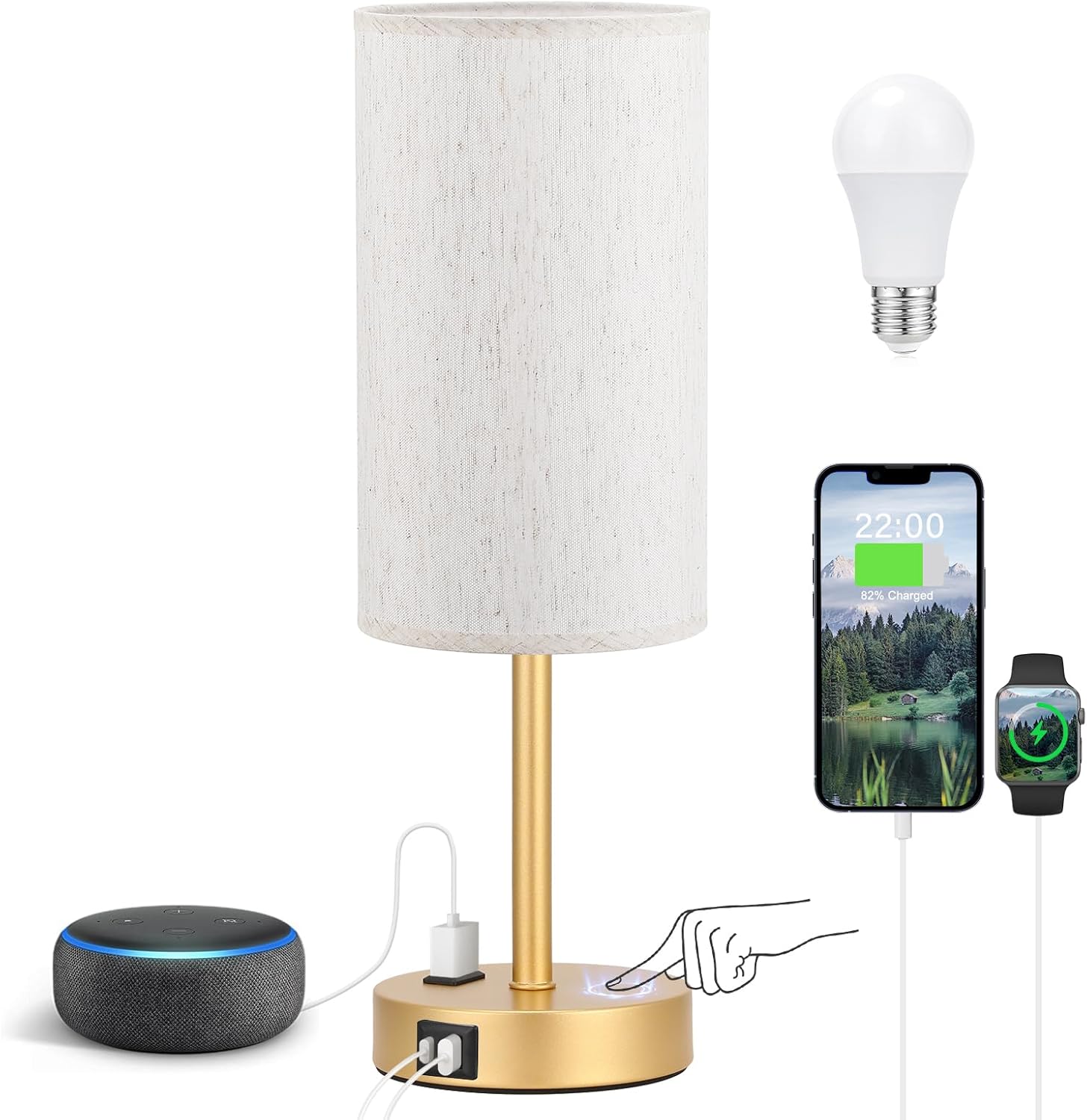 3 Way Dimmable Touch Bedside Lamp with USB C Port and AC Outlet biymjk